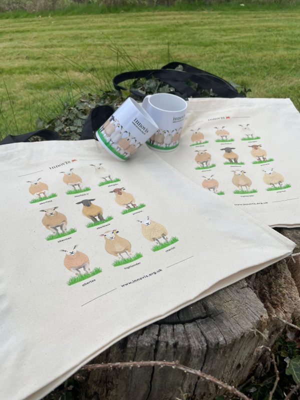 Sheep husbandry themed mugs and canvas bags on a tree stump